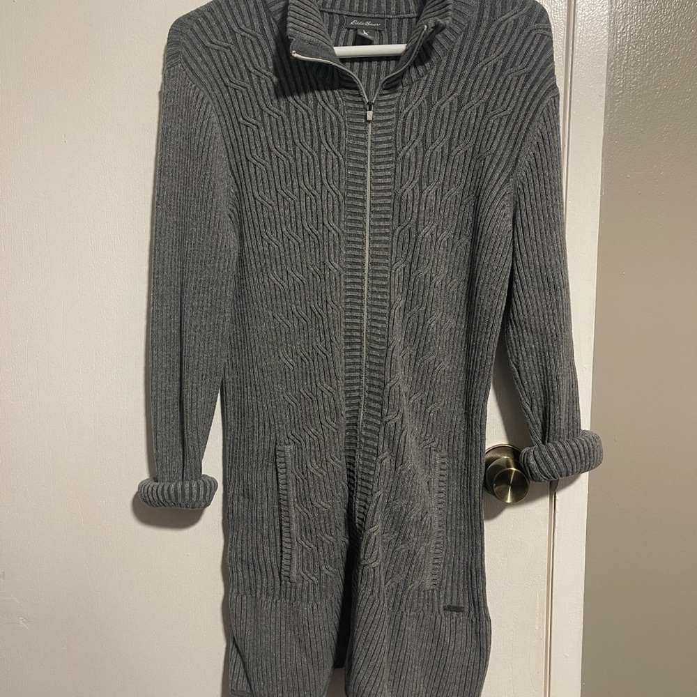 Eddie Bauer Size Large Gray Cardigan Duster Cable Knit with Zipper